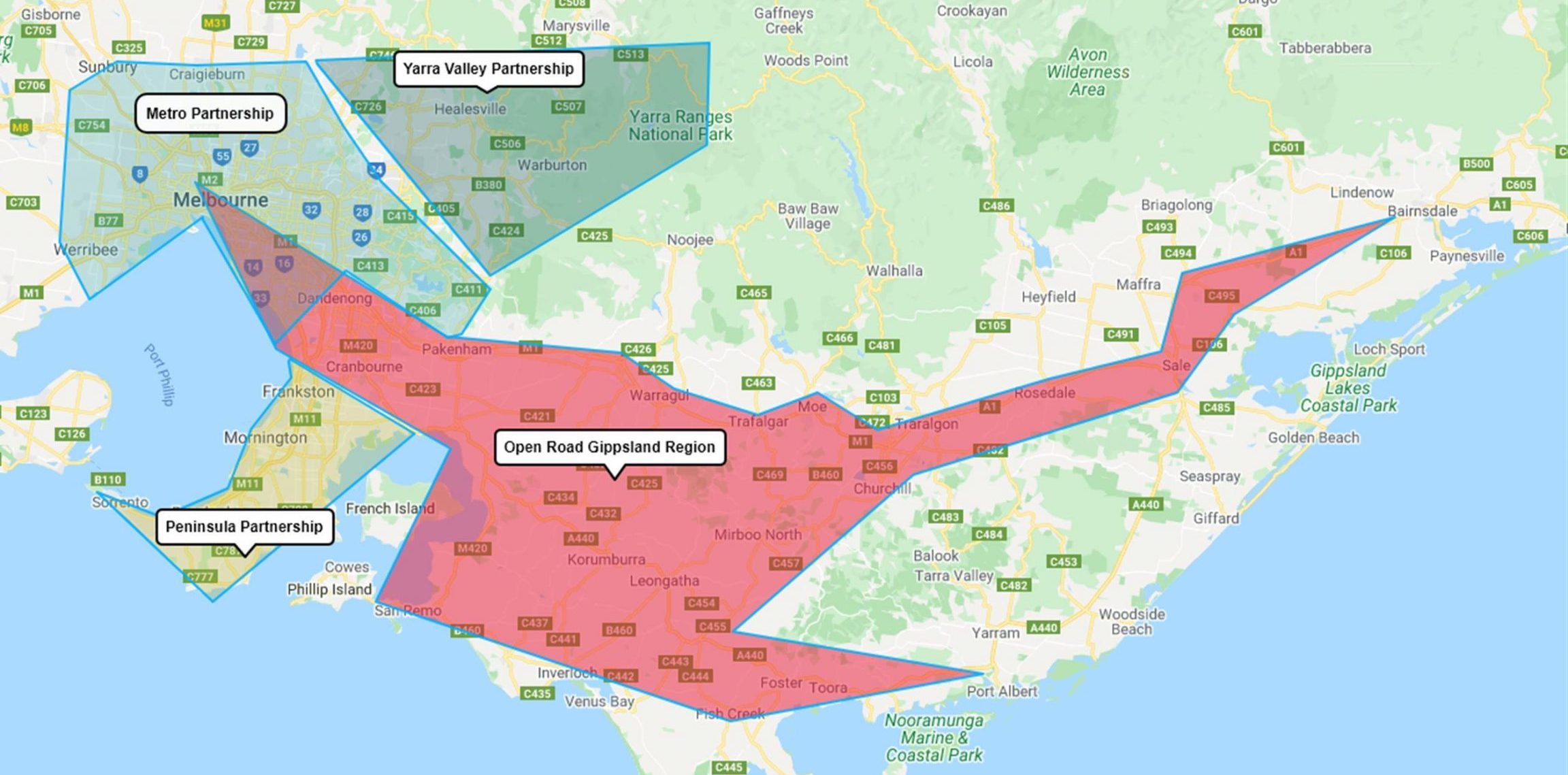 Map of Open Road Gippsland route