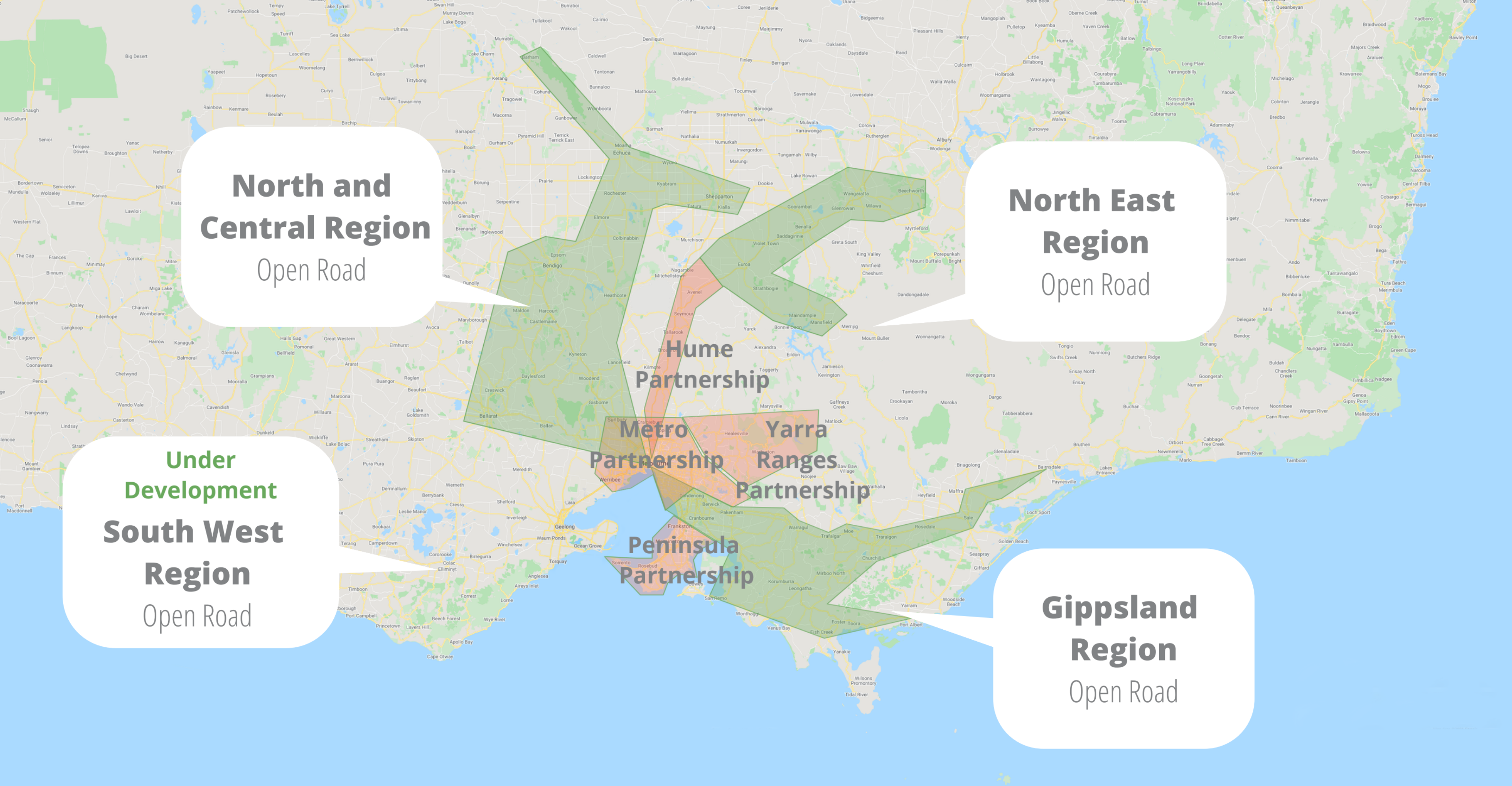 Map Showing All Open Road Regions: North and central, South West Region, North East Region, Gippsland Region and Courier Partnerships in Victoria