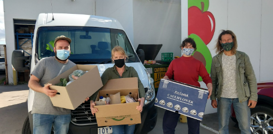 Jerry of Wangaratta Wholefoods, Regional food activator Eva (managing the North East Food Hub by Wangaratta Wholefoods, Grace (driver/ Open Road operations), driver Wayne