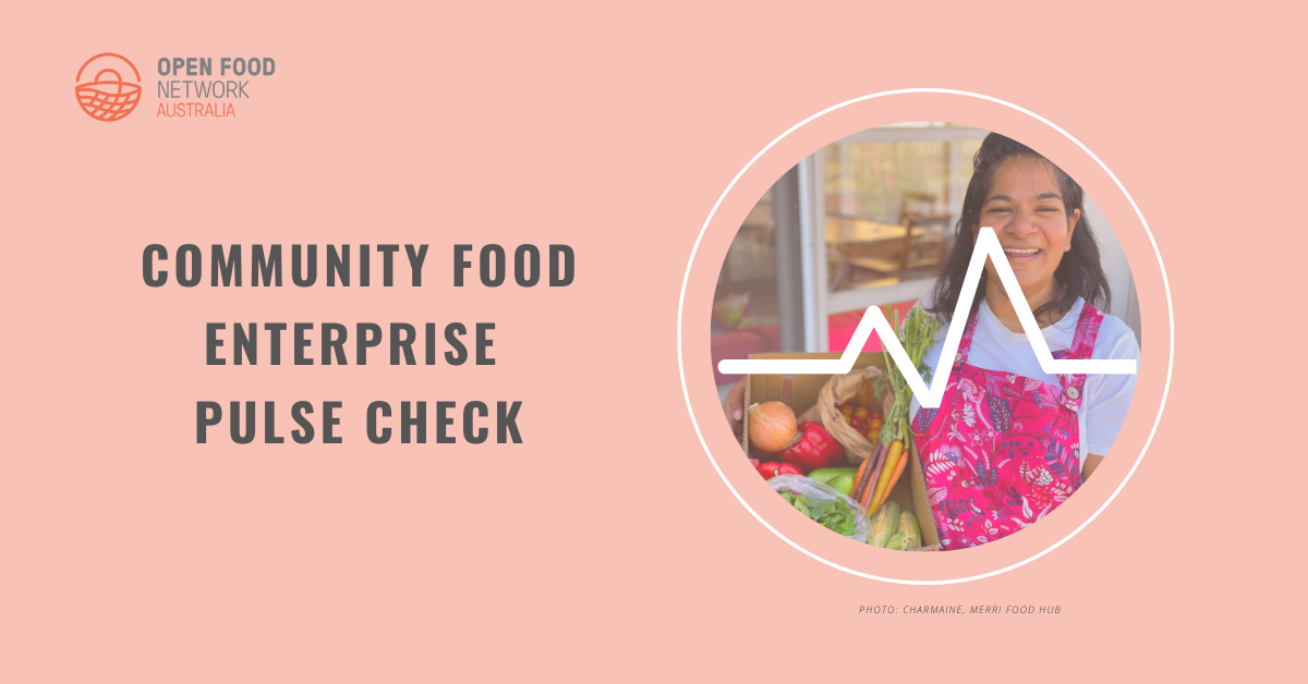 Community Food Enterprise Pulse Check. Image of woman smiling and holding a basket of fresh produce.